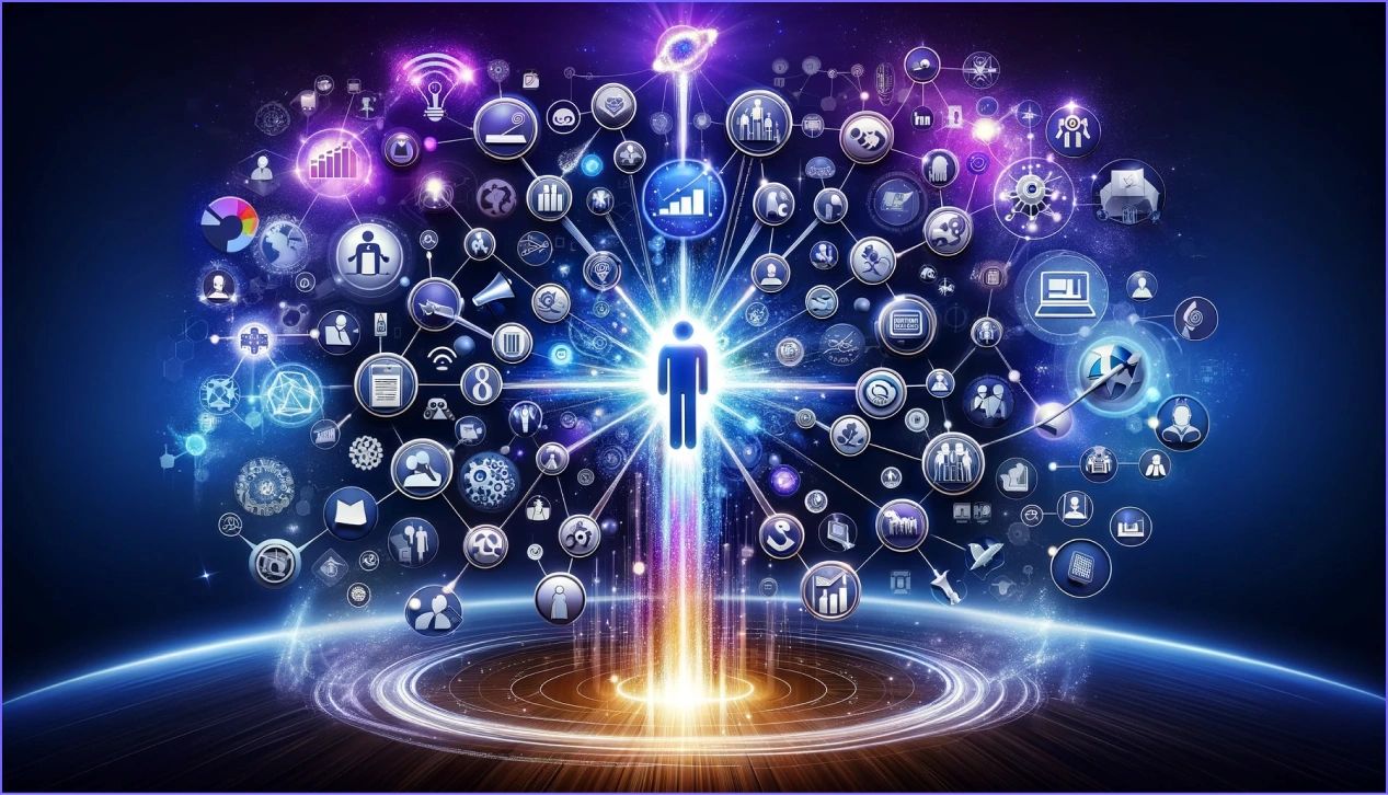 Digital ecosystem graphic showing a central human figure