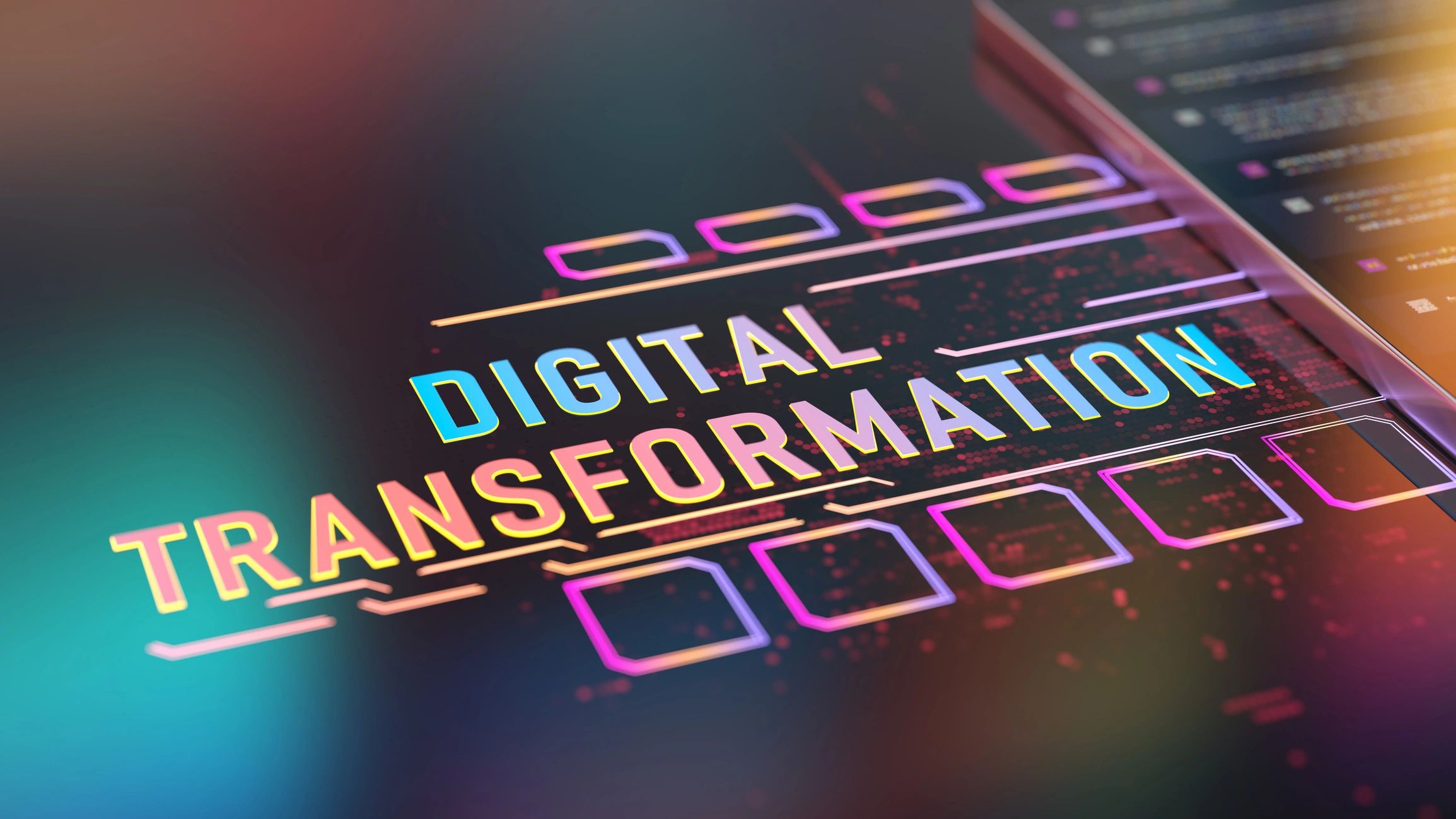 Digital transformation text rendered in a futuristic environment