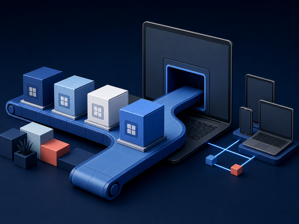 Editorial graphic showing application packages moving to managed endpoint devices