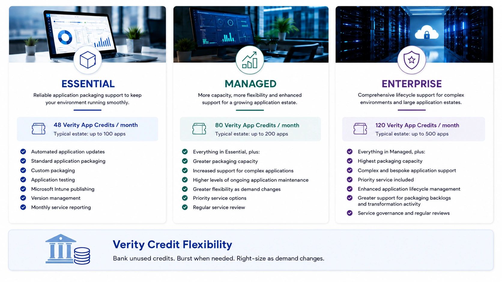 Verity application packaging service tiers