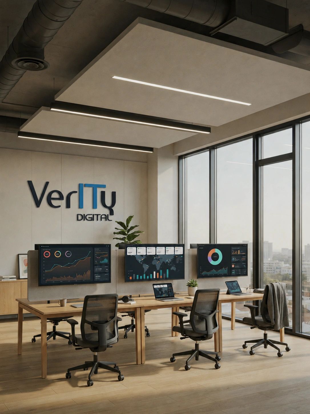 Modern office interior with Verity Digital branding
